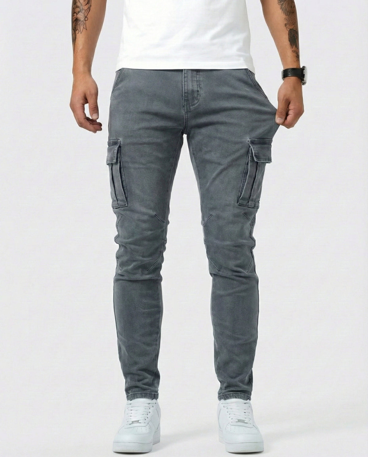 Stretch Cotton Cargo Pants - Grey