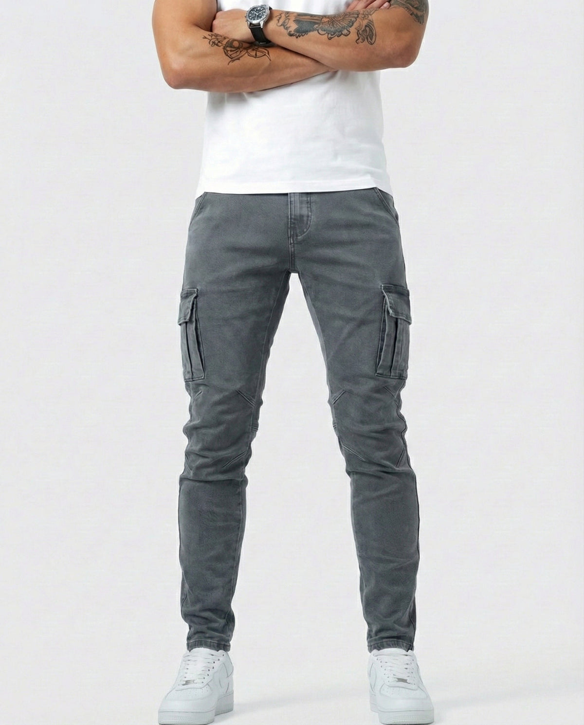 Stretch Cotton Cargo Pants - Grey detail