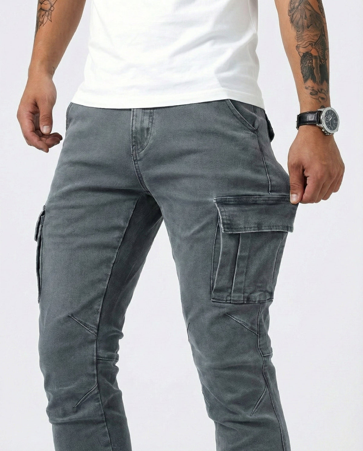 Stretch Cotton Cargo Pants - Grey detail