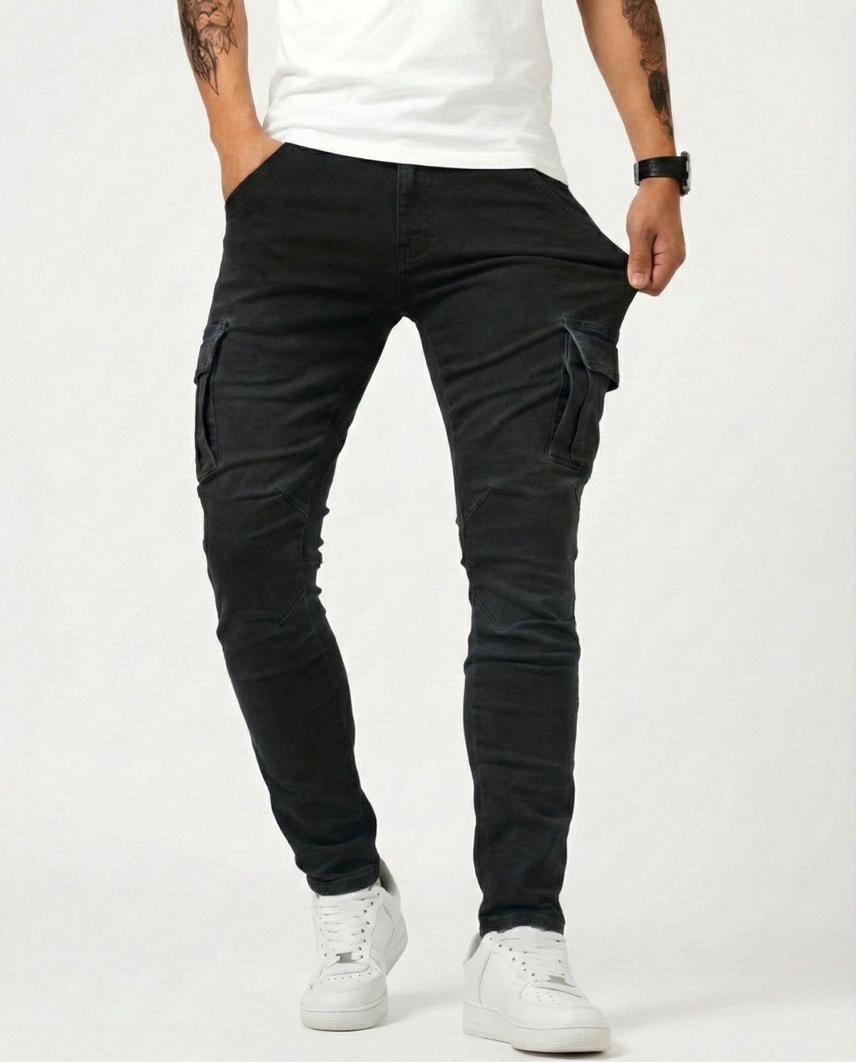 Stretch Cotton Cargo Pants - Black