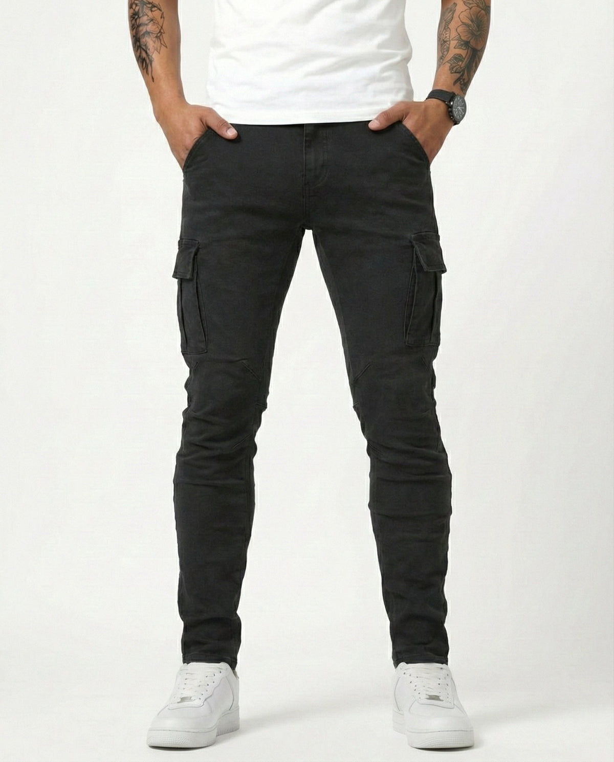 Stretch Cotton Cargo Pants - Black detail