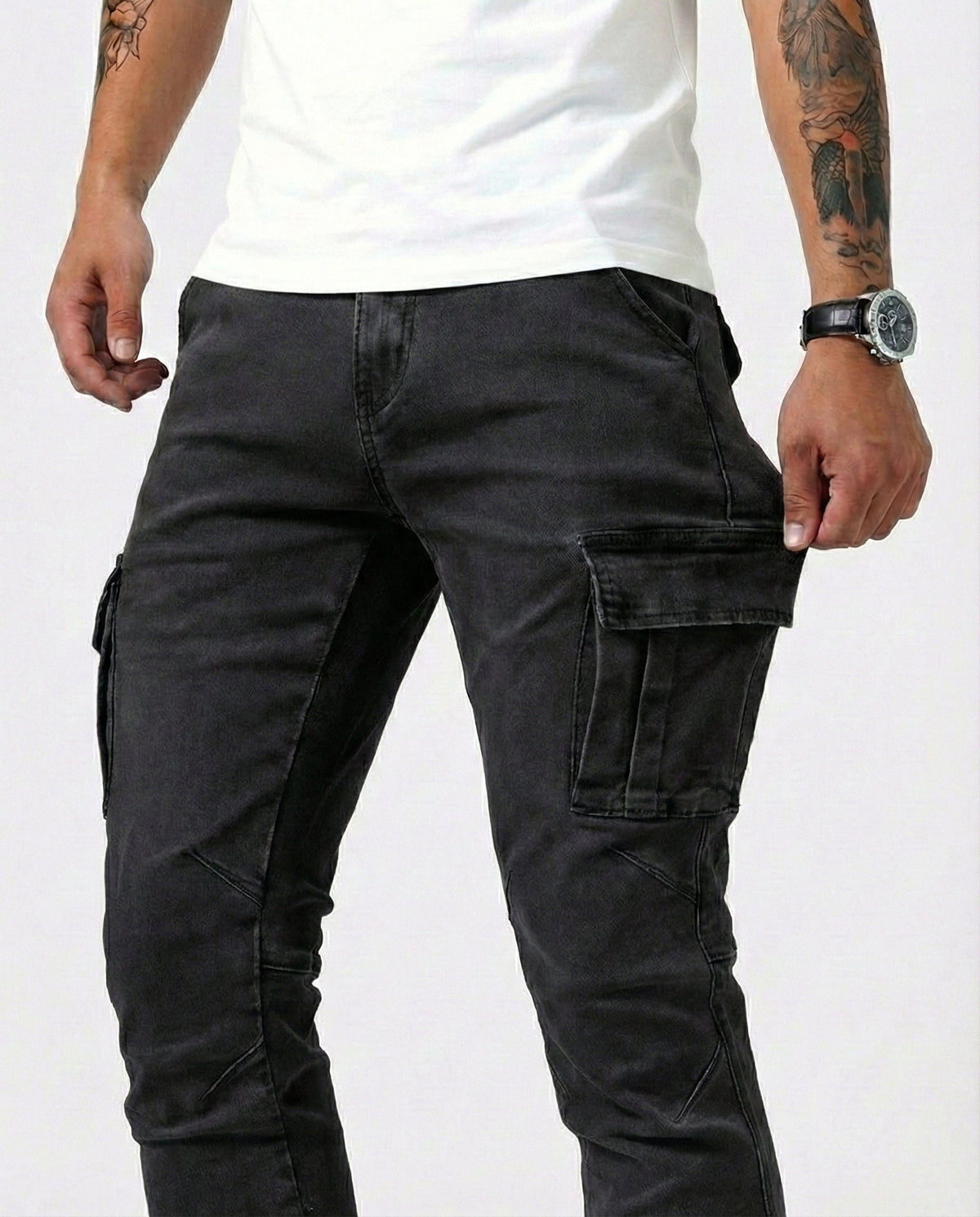 Stretch Cotton Cargo Pants - Black detail