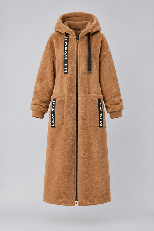 Manteau long à capuche effet laine