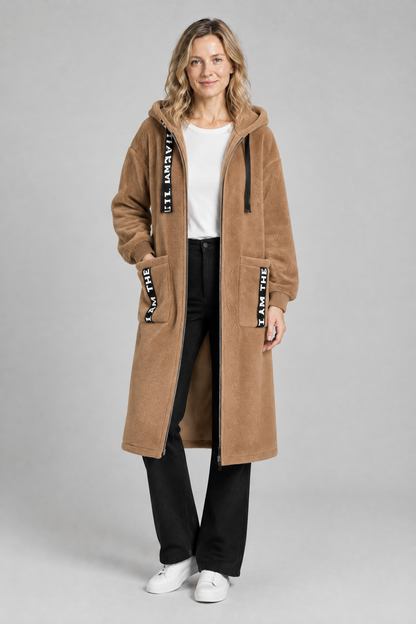 Manteau long à capuche effet laine